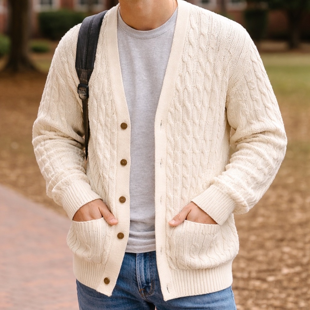 Vintage Y2K GAP Chunky Cable-Knit Cardigan Sweater |‎ Unisex XL | Off-White